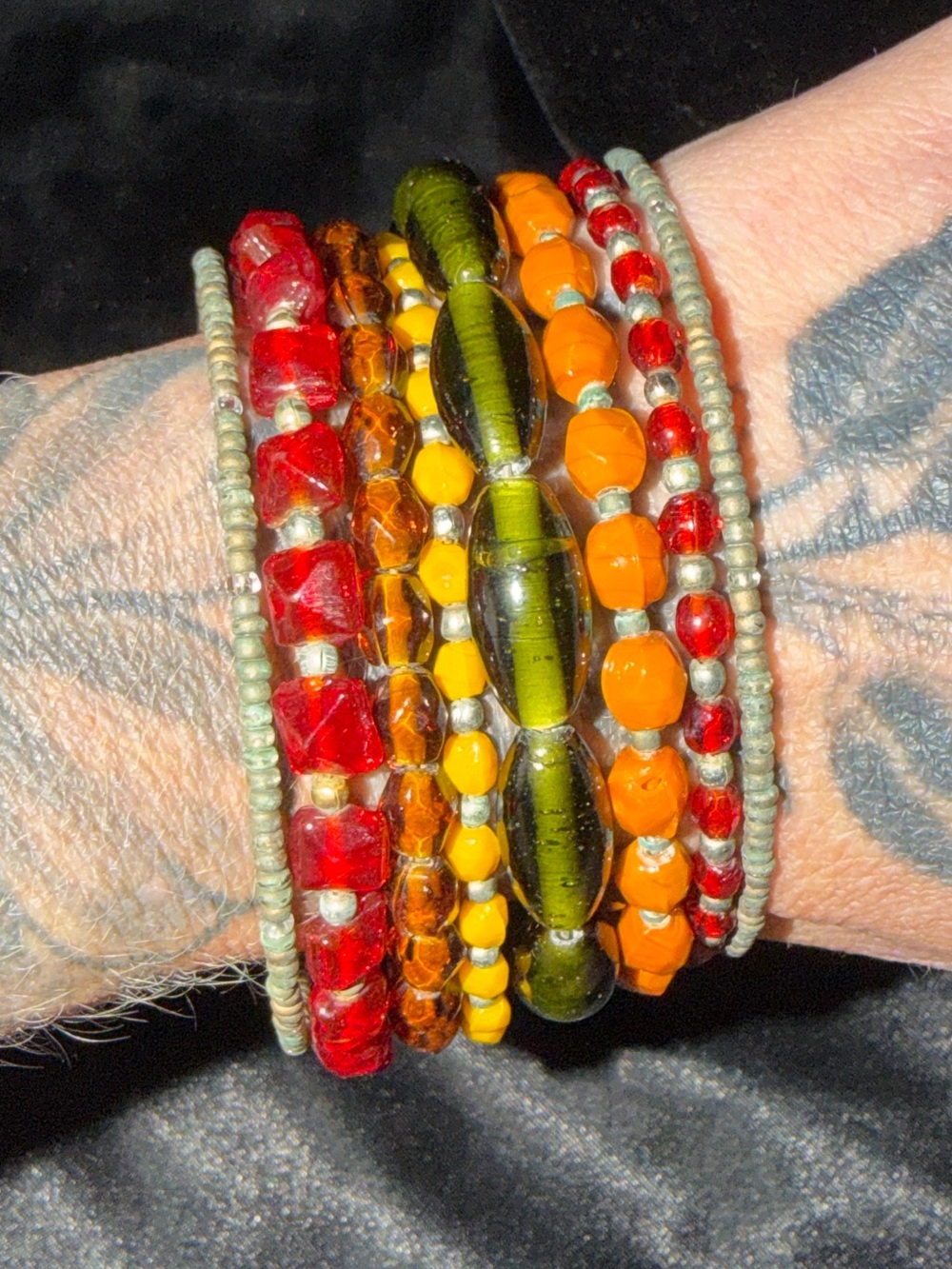 Multicolor Beaded Wrap Bracelet - Red, Yellow, Orange, Olive